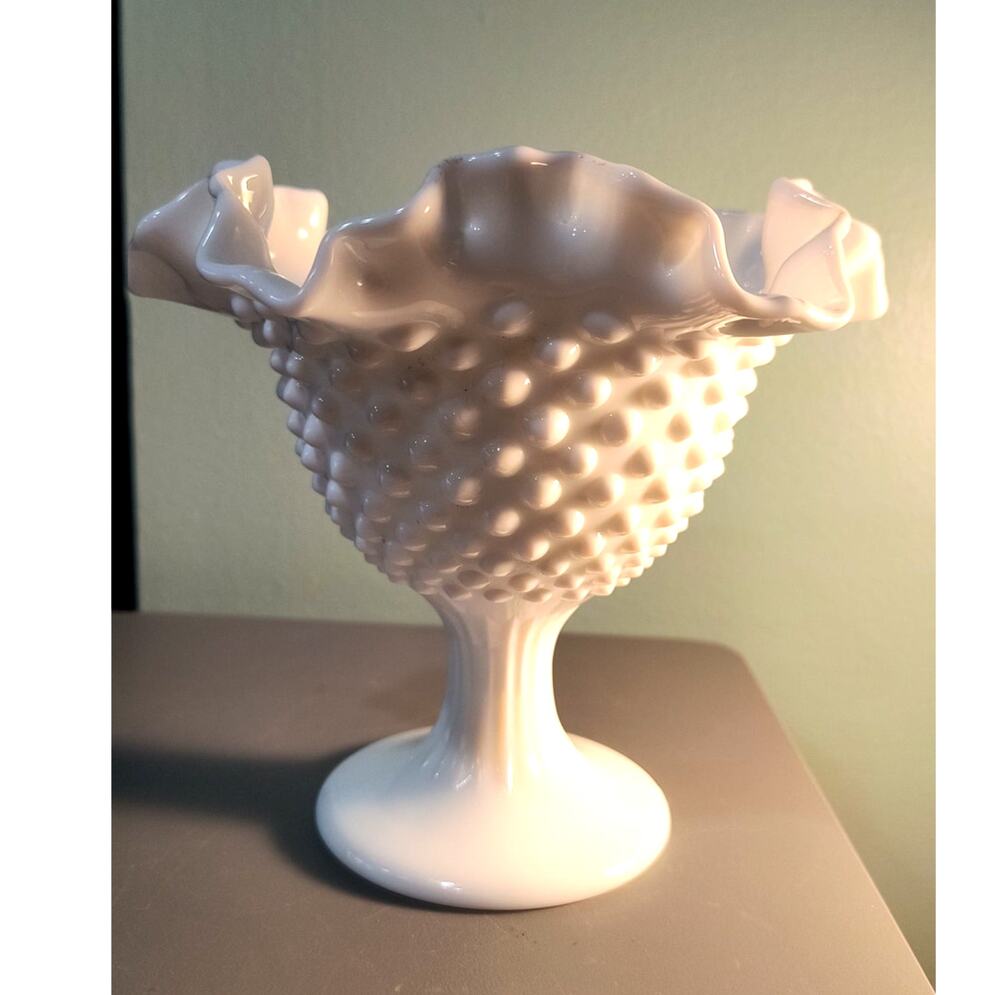 896. Fenton Milk Glass Hobnail Pedestal Dish Vase